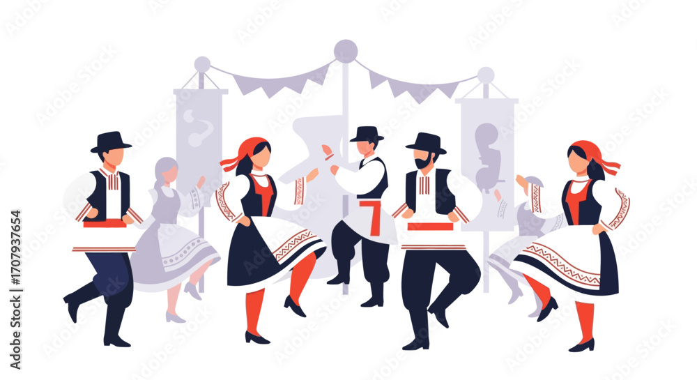 Naklejka premium Group of people dancing traditional folk dance in costumes.