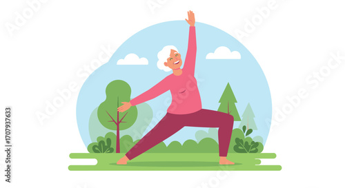 An elderly woman with a joyful expression practices a yoga pose in a beautiful outdoor park setting.