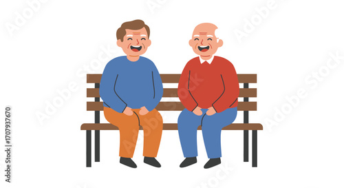 Two cheerful elderly men, friends, sitting on a wooden park bench, laughing and talking together in a flat vector illustration.