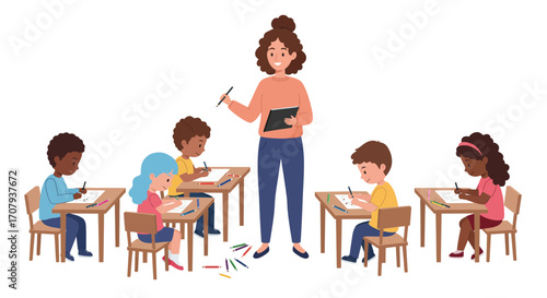 A smiling female teacher stands in a classroom with five diverse young students sitting at their desks, drawing and learning.