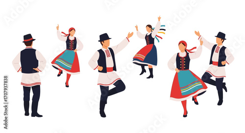 Group of people in traditional folk costumes dancing energetically.