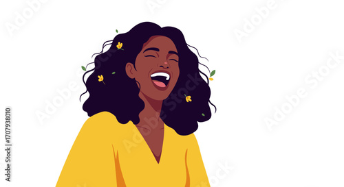 An illustration of a joyful Black woman with flowers in her curly hair laughing happily.