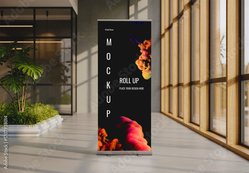 Roll Up Banner Mockup with Abstract Smoke Design