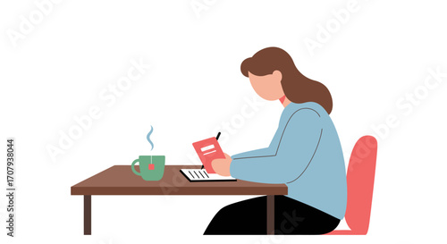 A minimalist illustration of a woman sitting at a desk, writing in a journal with a hot cup of tea beside her.