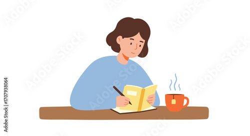 A young woman with brown hair sits at a table, writing in her journal with a pen, next to a steaming cup of hot tea.