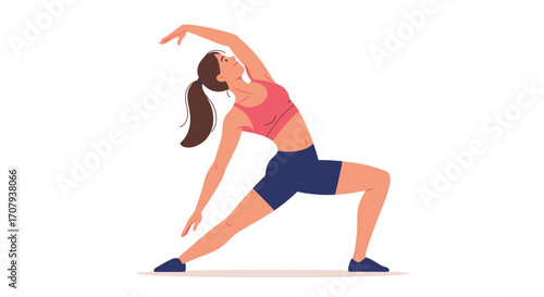 Vector illustration of a fit woman in a pink top and blue shorts performing a reverse warrior yoga pose.