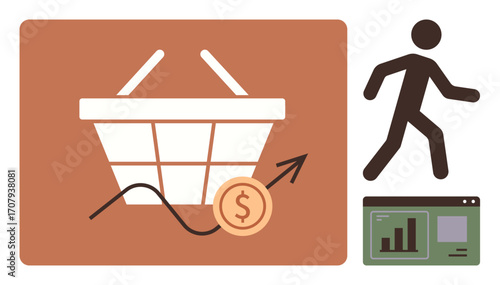 Shopping basket with upward arrow and dollar coin symbolizing market growth. Figure walking nearby and data chart on screen emphasizing ecommerce, consumer behavior, and trends. Ideal for business
