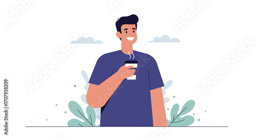 A smiling young man in a blue t-shirt enjoys a hot cup of coffee outdoors in a flat vector illustration style.