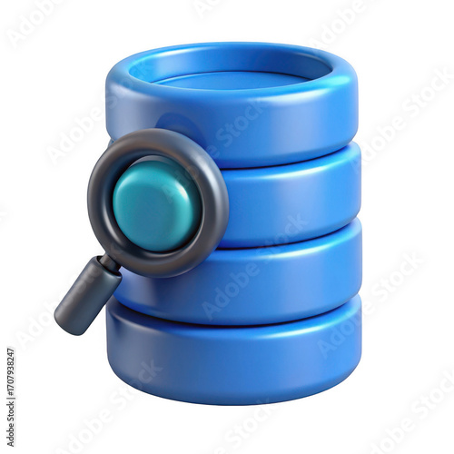 3d database icon with magnifying glass isolated on transparent background