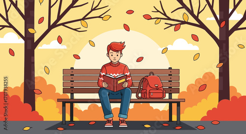 Cozy Autumn Reading A Person Enjoying a Book on a Park Bench with Falling Leaves
