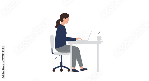 A woman in profile sitting at a white desk, typing on a laptop with a cup of coffee nearby.