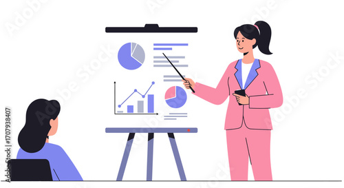 A businesswoman in a pink suit presents data on a flip chart with graphs and charts to a colleague during a meeting.