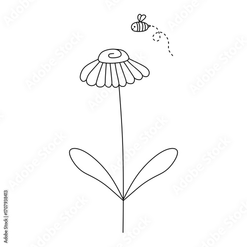 bee and flower vector line art illustration