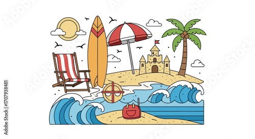 Hand drawn illustration of summer beach vacation elements.