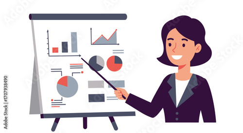 A smiling businesswoman in a suit giving a presentation, pointing to a flip chart with various data charts and graphs.