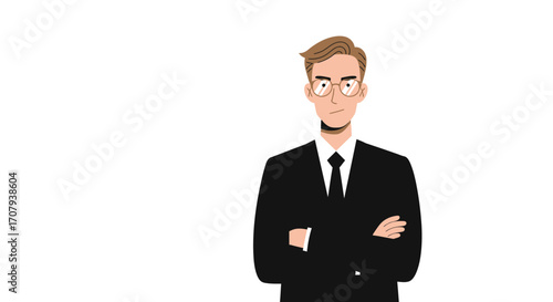 A serious young businessman in a black suit and glasses stands with his arms crossed against a white background.