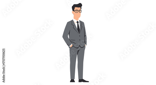 Full-length vector illustration of a young professional businessman in a grey suit and glasses standing with hands in pockets.