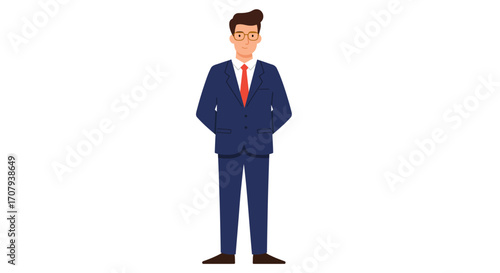 Full-length vector illustration of a businessman in a formal blue suit, red tie, and glasses, standing with his hands behind his back.