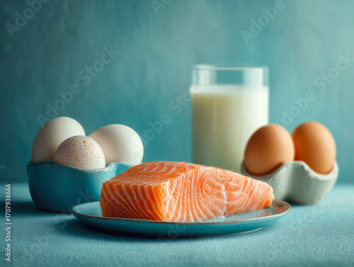 A plate of salmon and eggs sits on a table next to a glass of milk. Concept of health and wellness, as the plate of food is rich in protein and nutrients. The blue background adds a calming
