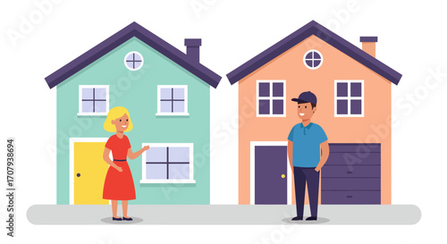 A man and a woman standing in front of their respective houses, depicted as friendly neighbors in a vector illustration.