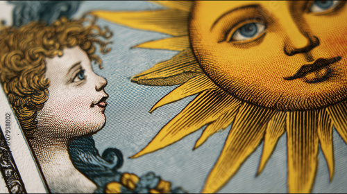 A close-up of The Sun card with a radiant sun and joyful child