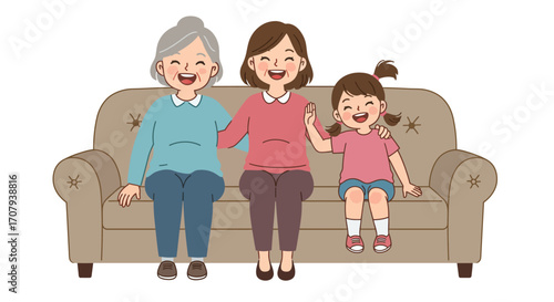 A happy family of three generations, a grandmother, mother, and daughter, sitting together on a couch and smiling.