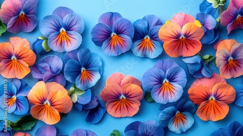 Wallpaper Mural Vibrant pansies in various shades of blue, orange, and pink on a light blue background Torontodigital.ca