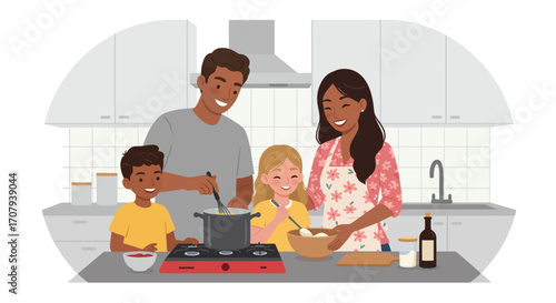 A happy, diverse family of four, including parents and two children, cooking a meal together in a modern kitchen.