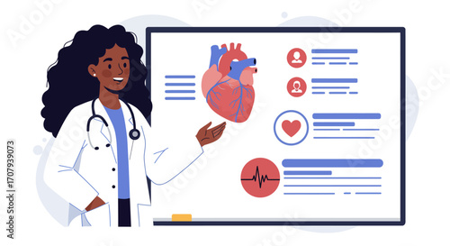 A Black female cardiologist gives a presentation on heart health, pointing to a diagram of a human heart and medical data on a screen.