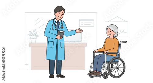 A male doctor explains a diagnosis to an elderly female patient sitting in a wheelchair in a hospital clinic.