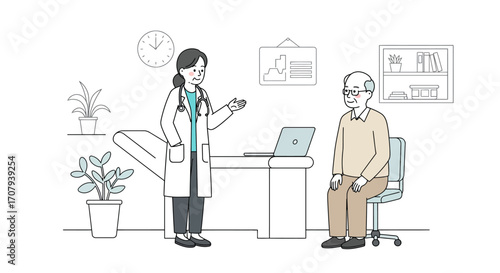 A female doctor in a white coat consults with an elderly male patient in a minimalist clinic office.