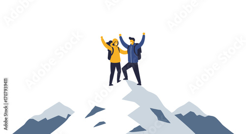 A couple of hikers with backpacks celebrating their achievement, standing on a snowy mountain peak with arms raised in victory.