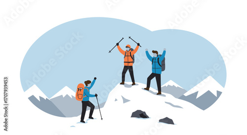Three triumphant hikers with backpacks and trekking poles celebrate reaching the snowy peak of a mountain.