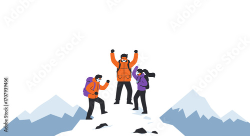 A group of three triumphant climbers in winter gear celebrate reaching a snowy mountain summit together.