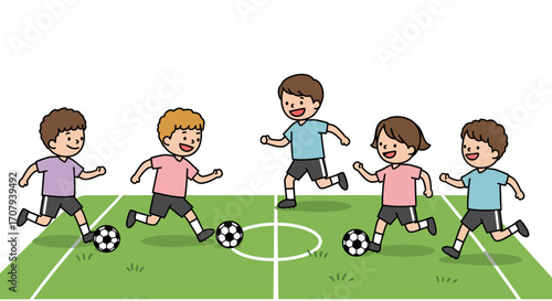Five happy cartoon children, four boys and one girl, playing soccer together on a green field.