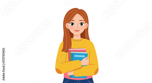 A smiling young woman with long reddish-brown hair, wearing a yellow sweater and holding a stack of books.