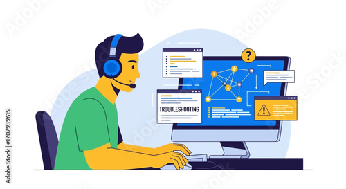 Tech Support Specialist Troubleshooting Computer Problems with Diagrams and Alerts