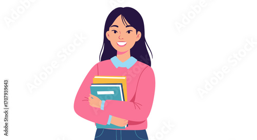 A cheerful young female student with long dark hair, wearing a pink sweater and holding a stack of books.