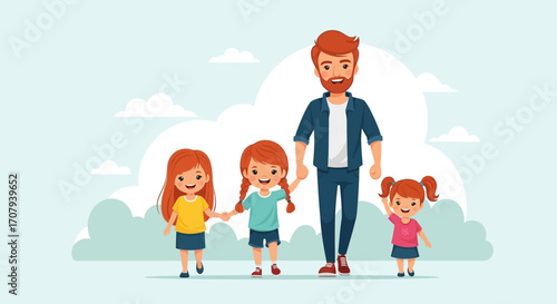 Father and three daughters walking together happily on a sunny day, showing family love