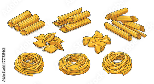 various types of pasta arranged neatly on white background