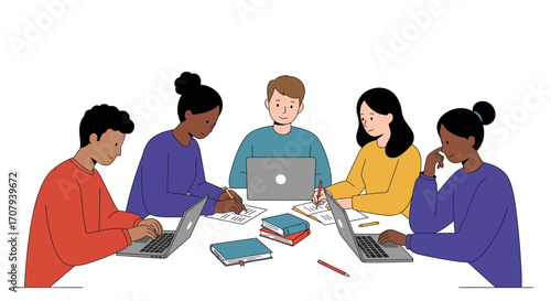 A diverse group of young students or colleagues collaborating around a table with laptops and notebooks.