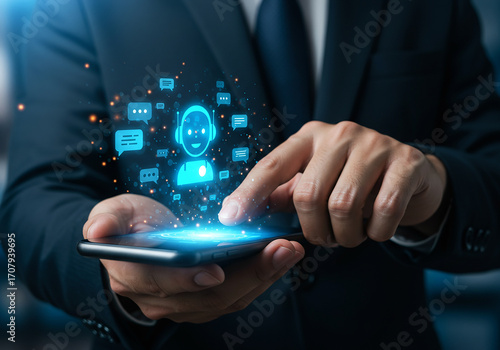 Wallpaper Mural Businessman interacting with chatbot on smartphone, modern AI customer service concept Torontodigital.ca