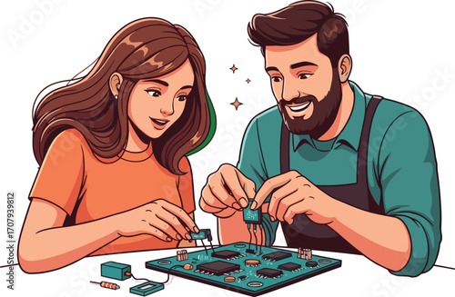 Title:
Young man and woman enthusiastically assembling electronic circuit board together, technology learning, teamwork,
