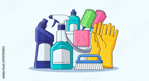 Colorful cleaning supplies arranged in a graphic illustration, showcasing various cleaning products and tools.