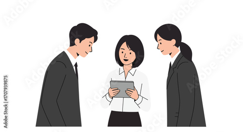 An illustration of three business professionals in suits, with a woman in the center holding a tablet and two colleagues bowing respectfully.