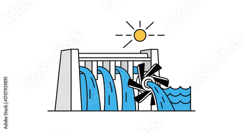 Hydroelectric Dam Power Generation with Water Turbine and Sun.