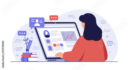 A woman analyzes data and user profiles on a laptop, symbolizing online learning and professional growth.