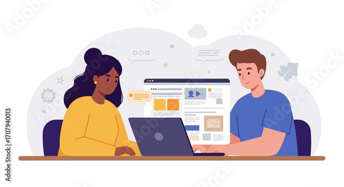 Two diverse colleagues collaborating on a web design project using a laptop in a modern illustration style.