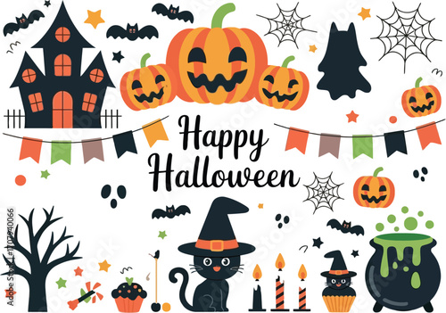Whimsical collection of Halloween icons with spooky pumpkins, haunted house, and black cat.