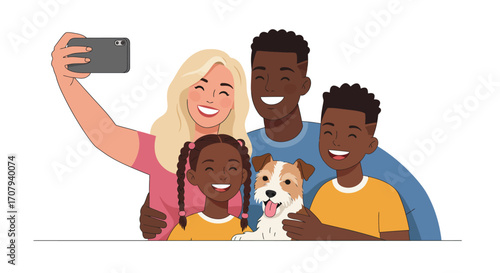 A happy multiracial family with two children and a dog taking a selfie together with a smartphone.